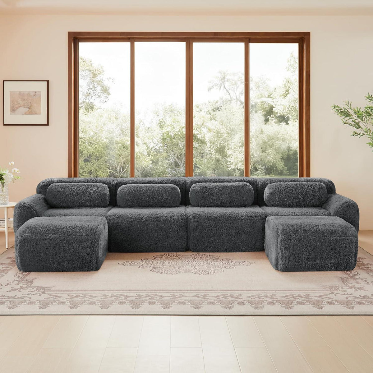 Graues 4-Sitzer Sofa mit Hockern | Modulares Design, Kein Aufbau