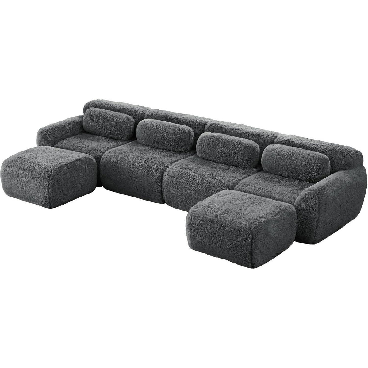 Graues 4-Sitzer Sofa mit Hockern | Modulares Design, Kein Aufbau