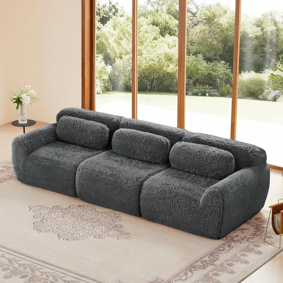 Graues 3-Sitzer Sofa Modular | Kein Aufbau, Plüschstoff & Komfort