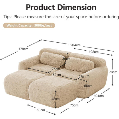 2-Sitzer Sofa mit Hockern & Kissen – Hellkhaki, Modular & Komfortabel