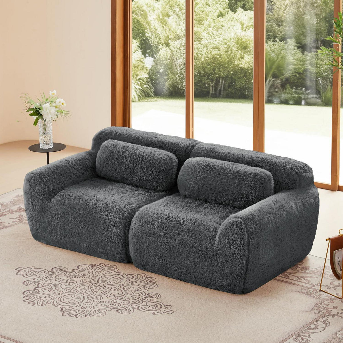 Graues 2-Sitzer Sofa | Modulares Design, Kein Aufbau, Plüschstoff