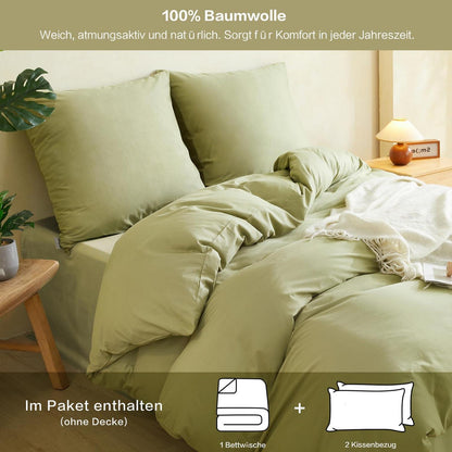 Baumwoll Bettwäsche Set 200x200 cm Oliven Grün 3-teilig