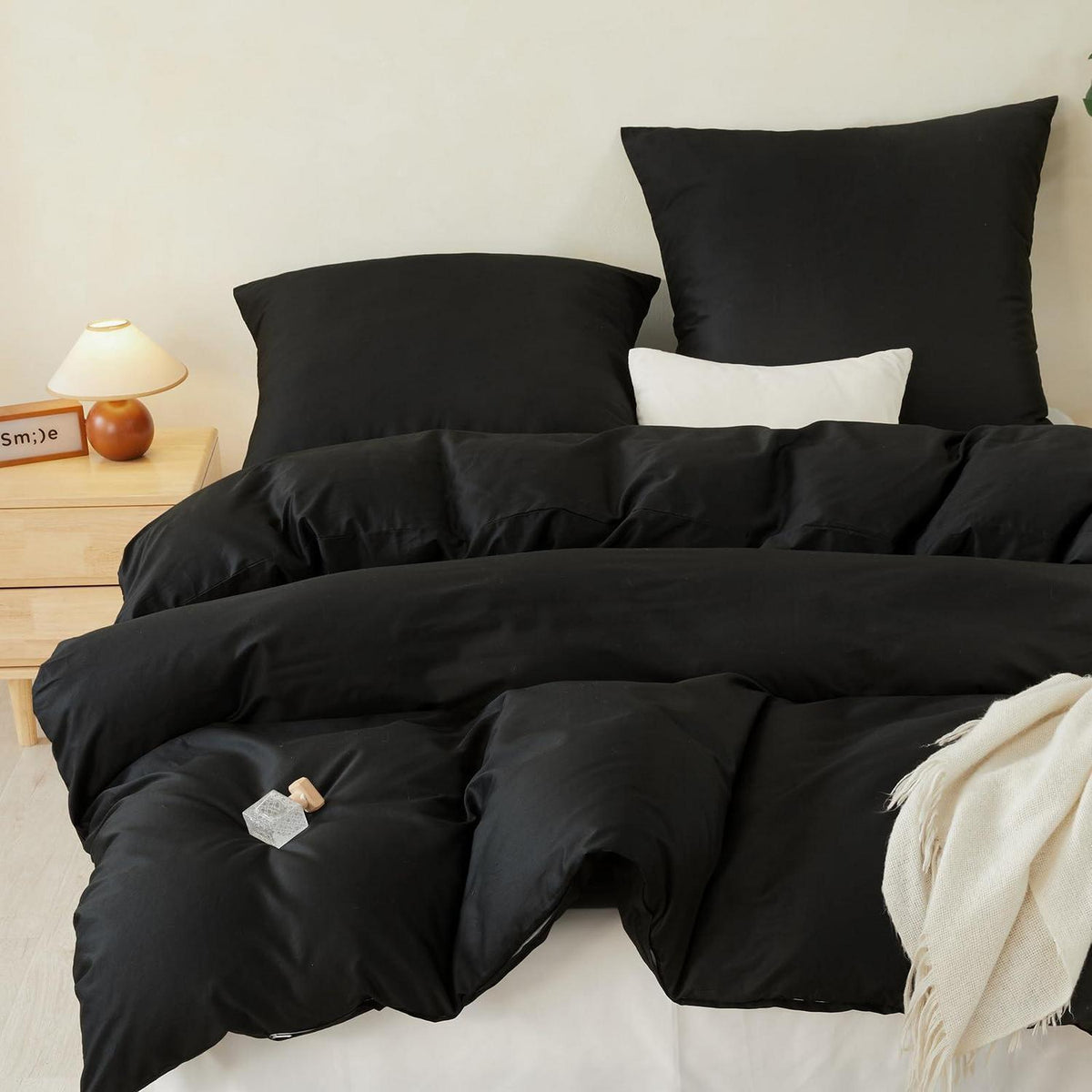 100% Baumwoll Bettwäsche Set Schwarz 200x220cm + 2 Kissenbezüge