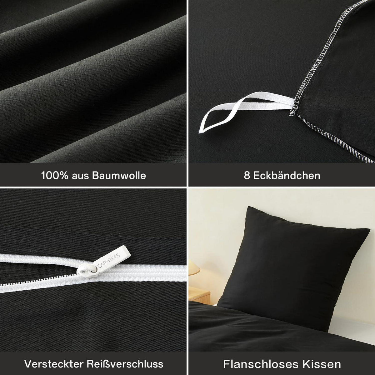 100% Baumwoll Bettwäsche Set Schwarz 200x220cm + 2 Kissenbezüge