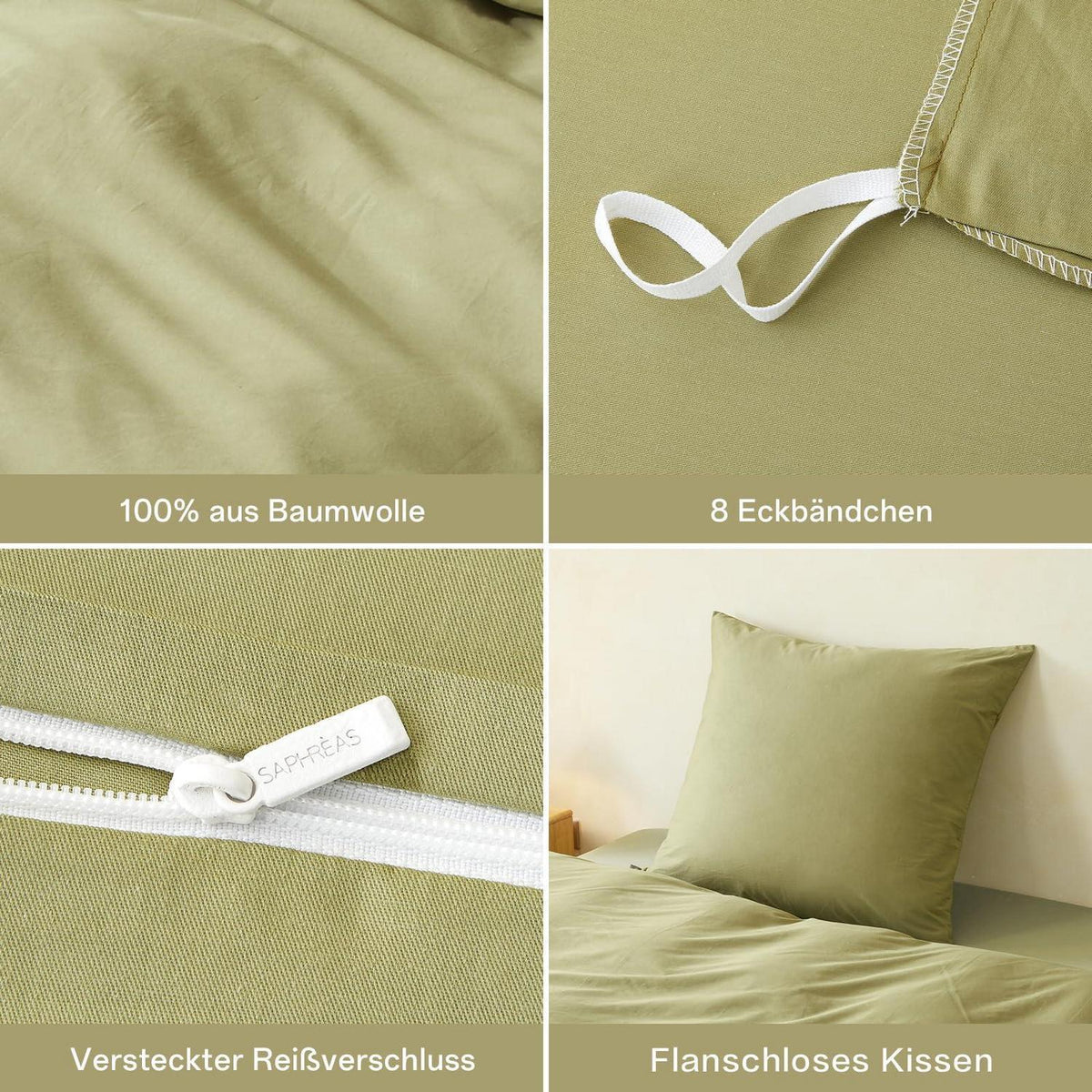 Baumwoll Bettwäsche Set Oliven Grün 200x220cm + 2 Kissenbezüge