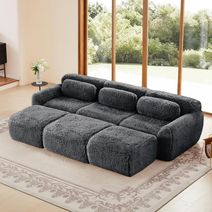 Graues 3-Sitzer Sofa mit Hockern | Modulares Sofa ohne Montage