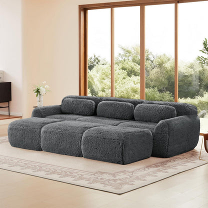Graues 3-Sitzer Sofa mit Hockern | Modulares Sofa ohne Montage