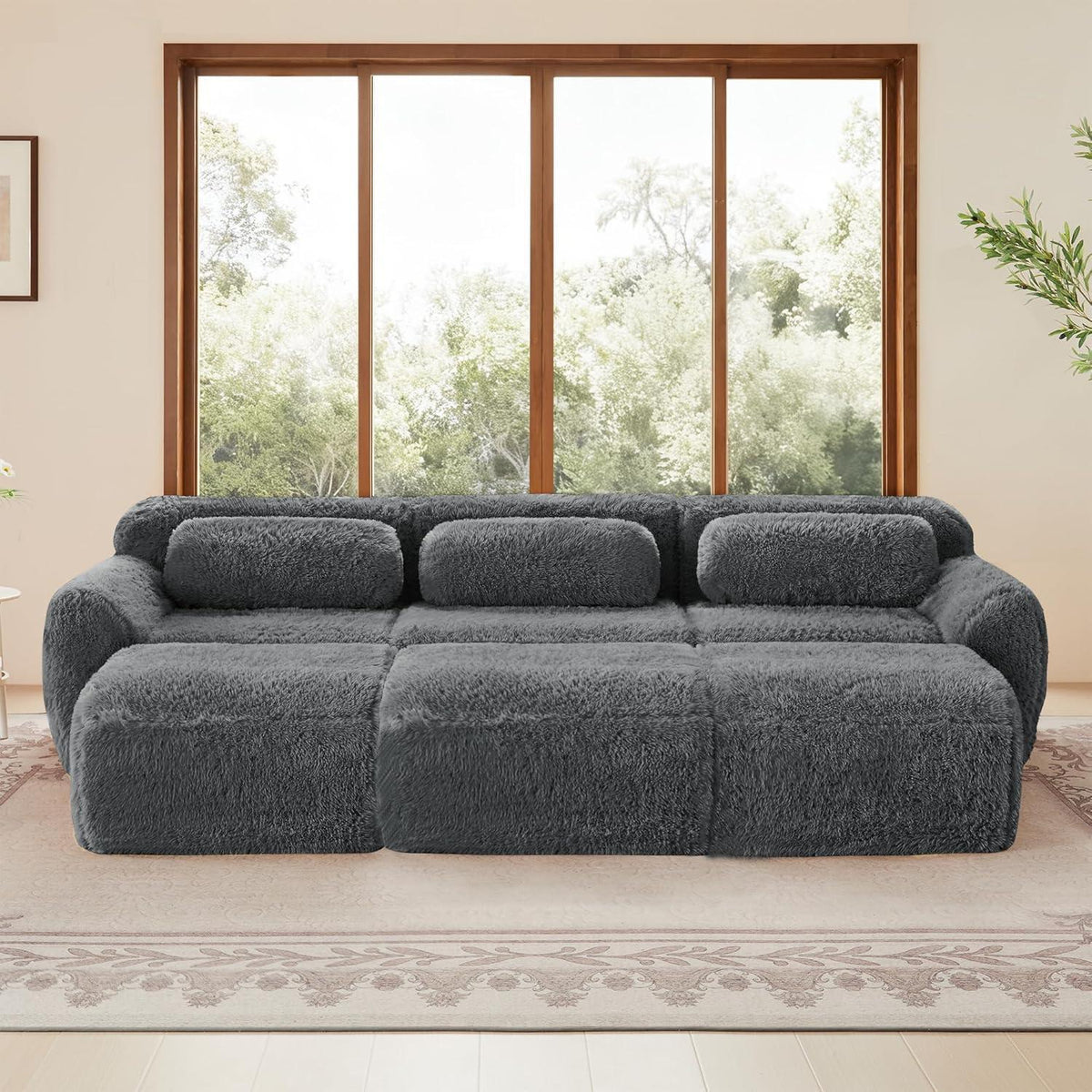 Graues 3-Sitzer Sofa mit Hockern | Modulares Sofa ohne Montage