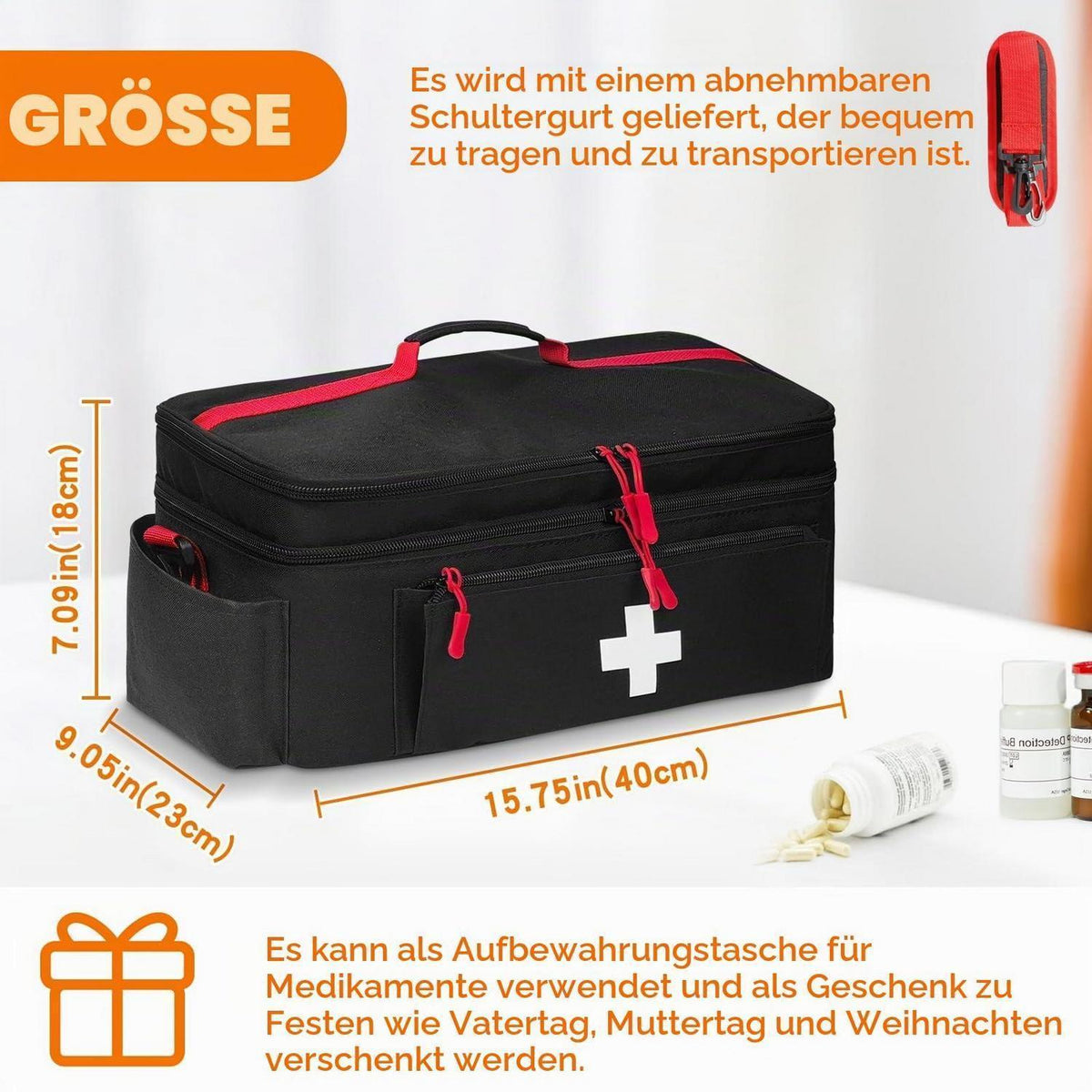 Erste Hilfe Tasche mit Schultergurt (Schwarz)