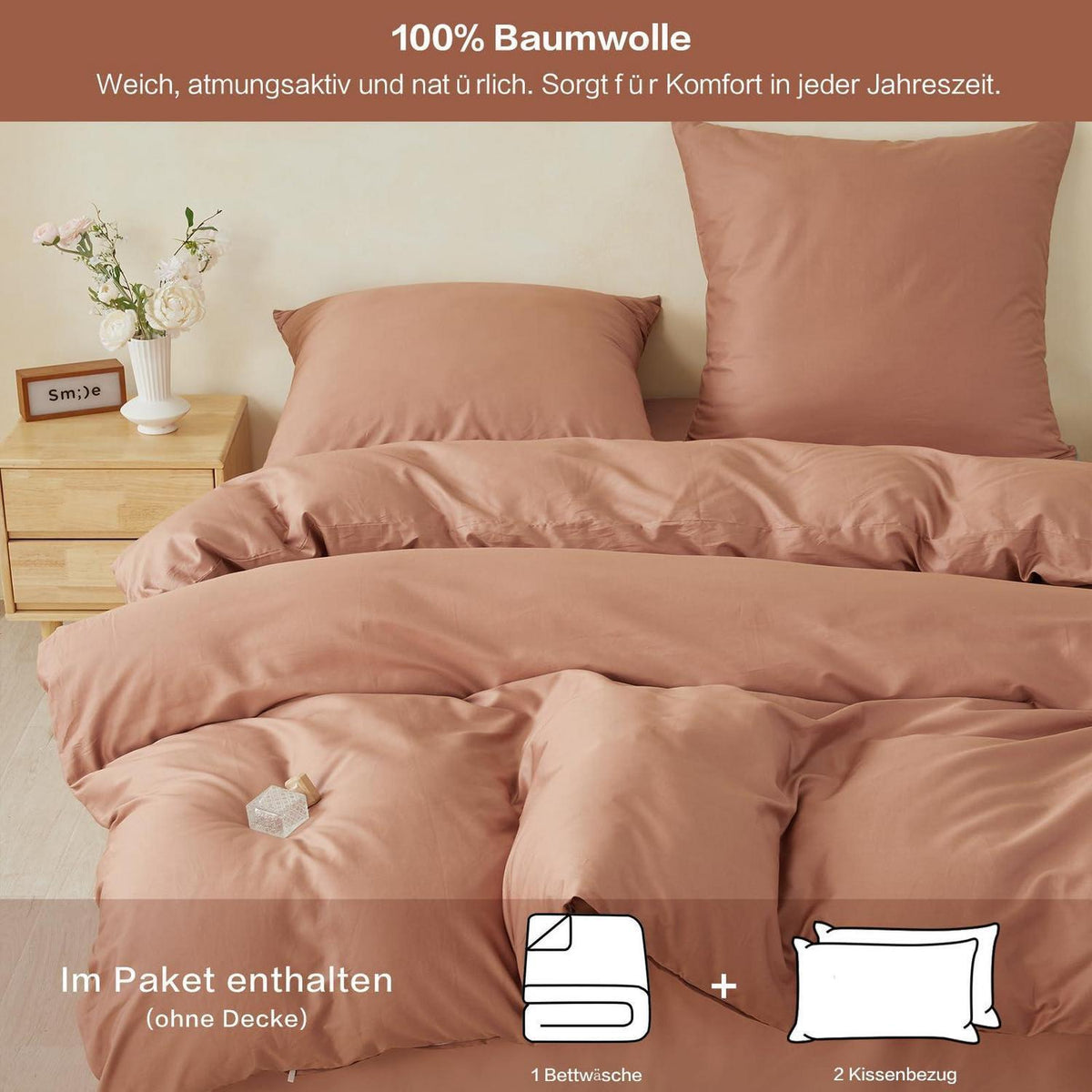 Baumwoll Bettwäsche Set 200x220cm Mokka | 3-teilig