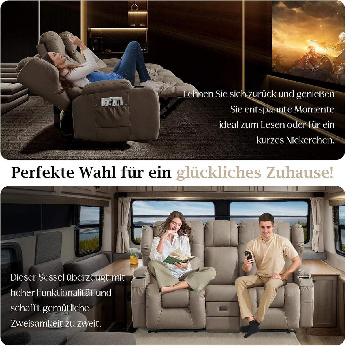 2-Sitzer Relaxsessel mit Liegefunktion & Kinosofa Khaki