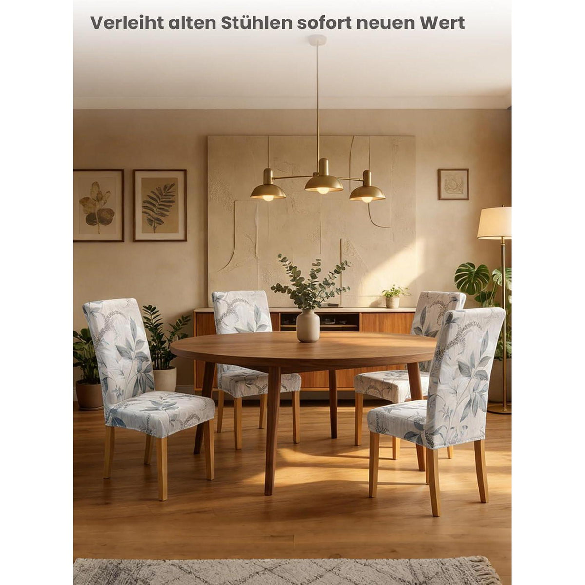 6er Set Stuhlhussen Grau Blätter-Muster – Stretch & Waschbar
