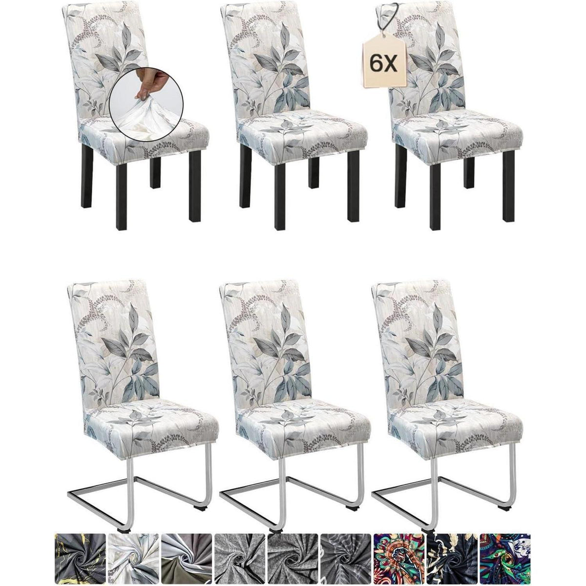 6er Set Stuhlhussen Grau Blätter-Muster – Stretch & Waschbar