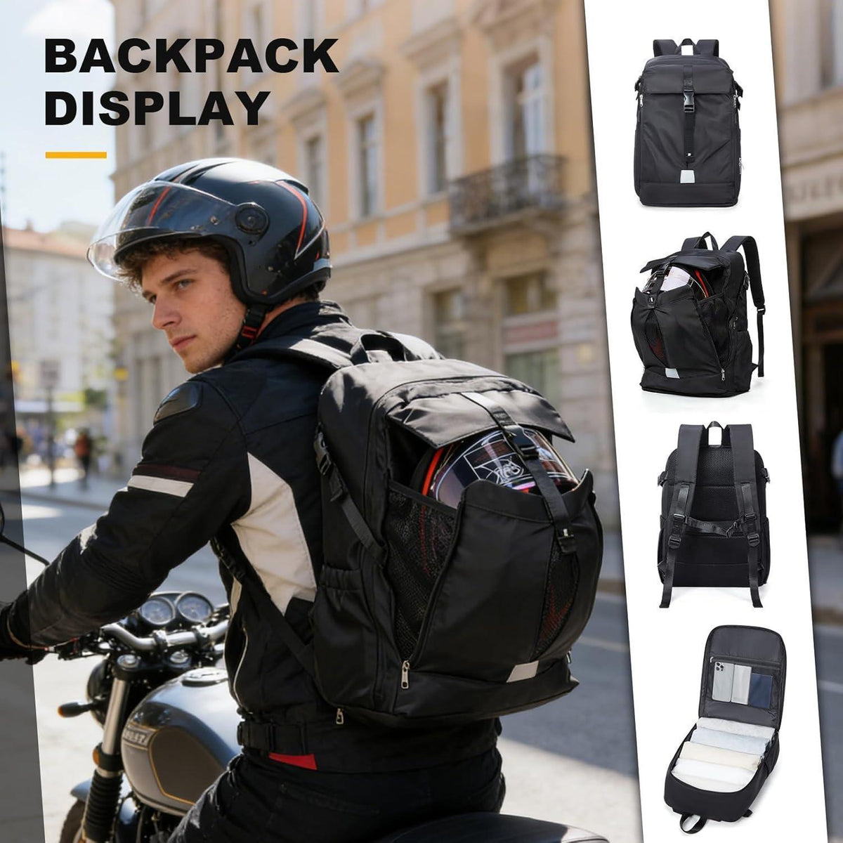 Motorradrucksack Wasserdicht mit Helmfach – Schwarz L