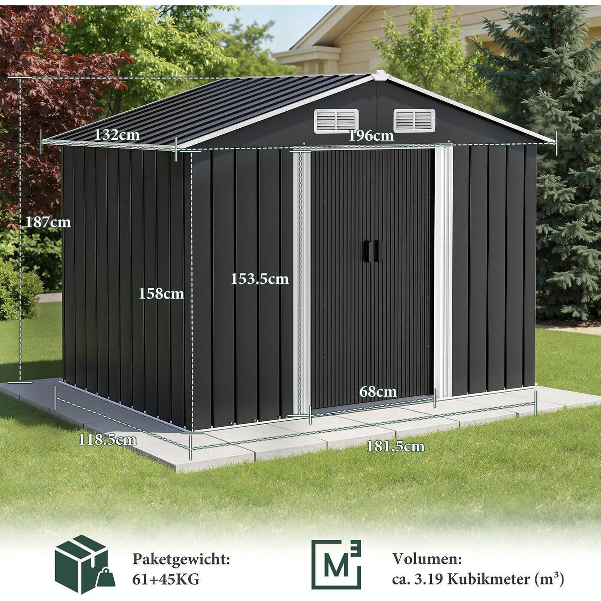 Metall Gerätehaus 196x132x187cm mit Schiebetür