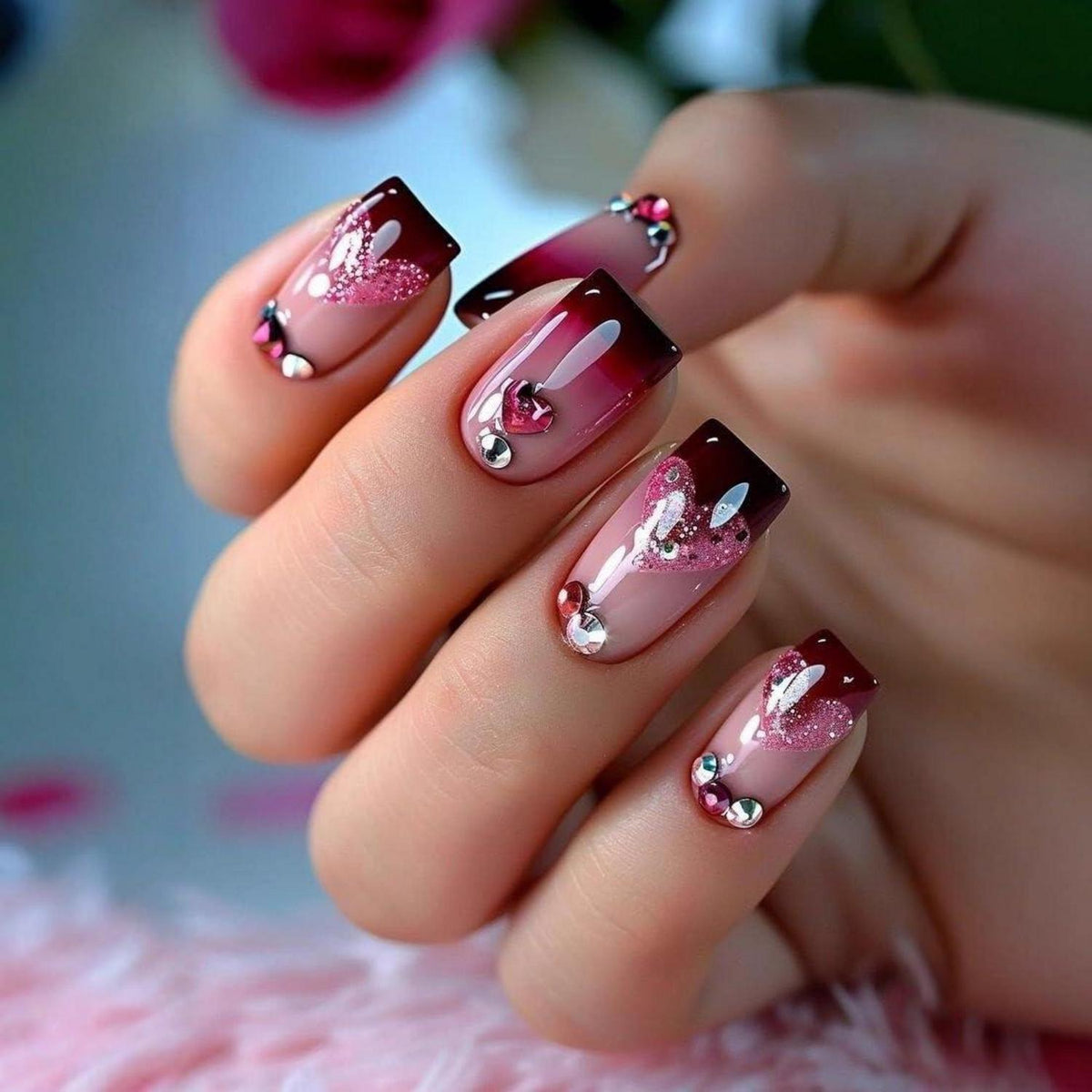 Künstliche Nägel Rot French Tips kurz quadratisch mit Herz-Strass