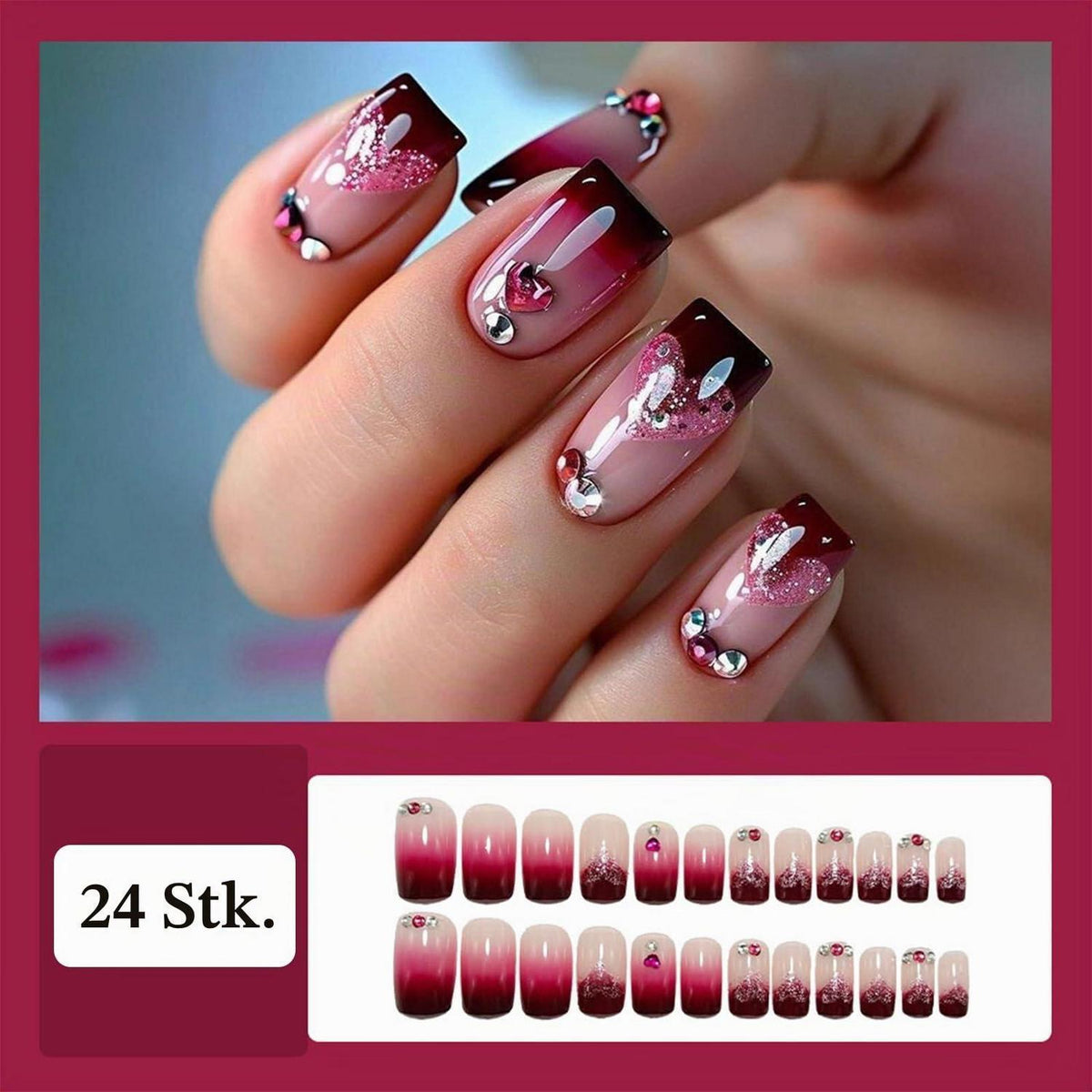 Künstliche Nägel Rot French Tips kurz quadratisch mit Herz-Strass