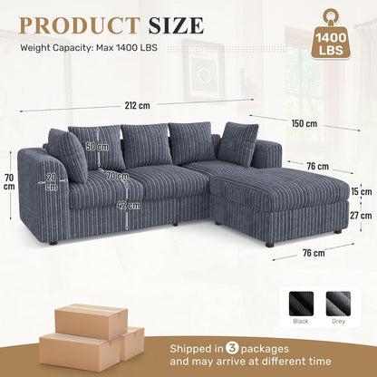 Ecksofa mit Schlaffunktion 212x150 cm, Grau Cordstoff