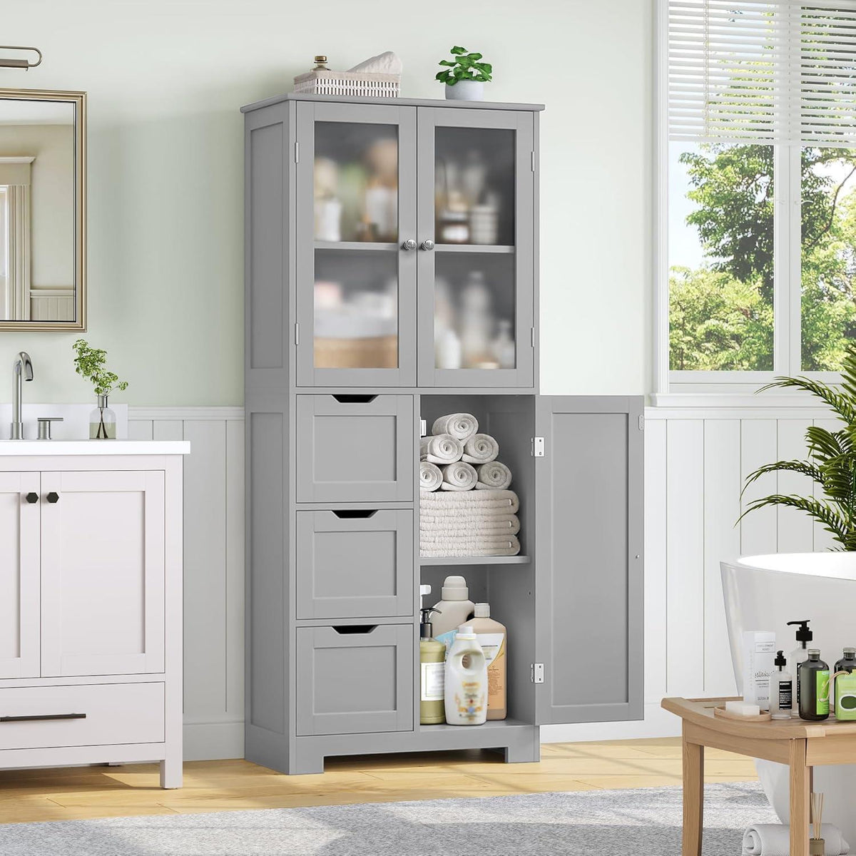 Hochschrank Badezimmerschrank mit 3 Türen & Schubladen Grau