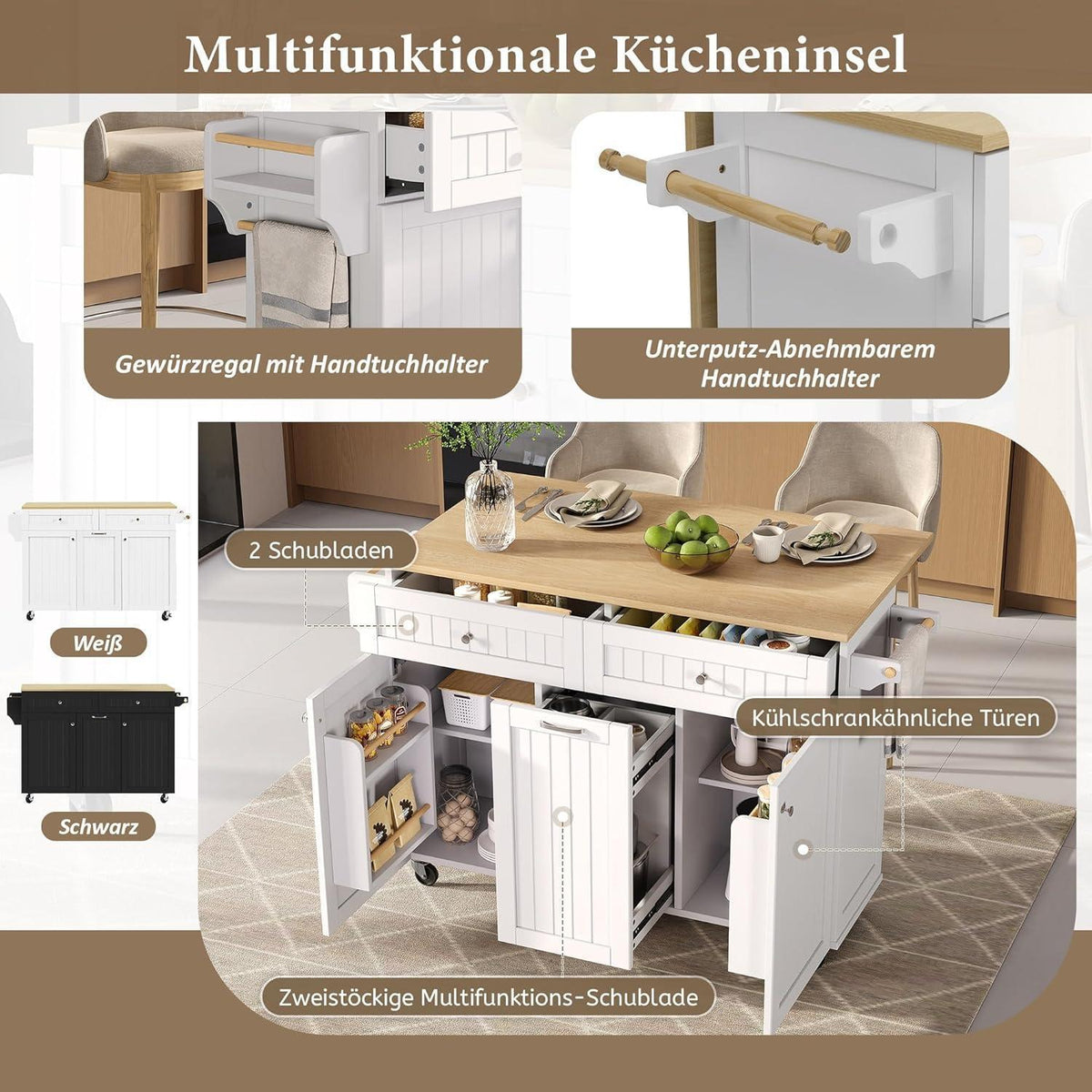 Mobile Kücheninsel mit Ausziehtisch & Schubladen (Weiß)