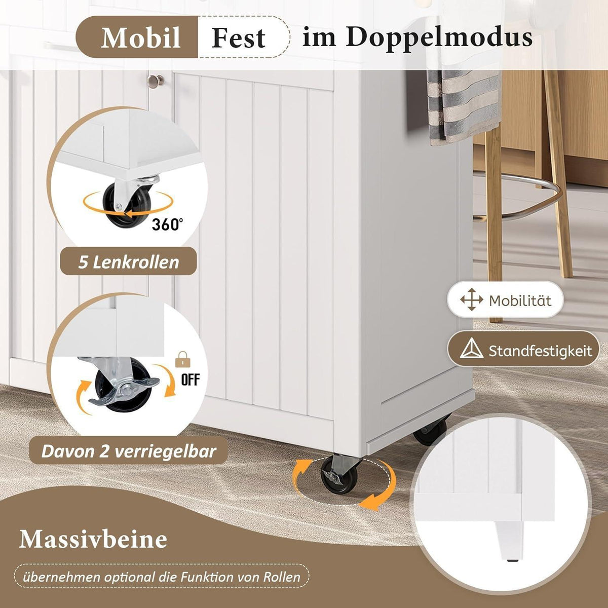 Mobile Kücheninsel mit Ausziehtisch & Schubladen (Weiß)