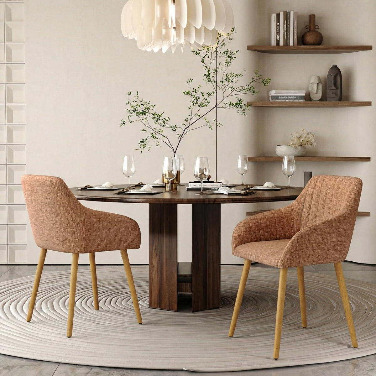 Esszimmerstühle Set 4er Beige Holzbeine mit Armlehne