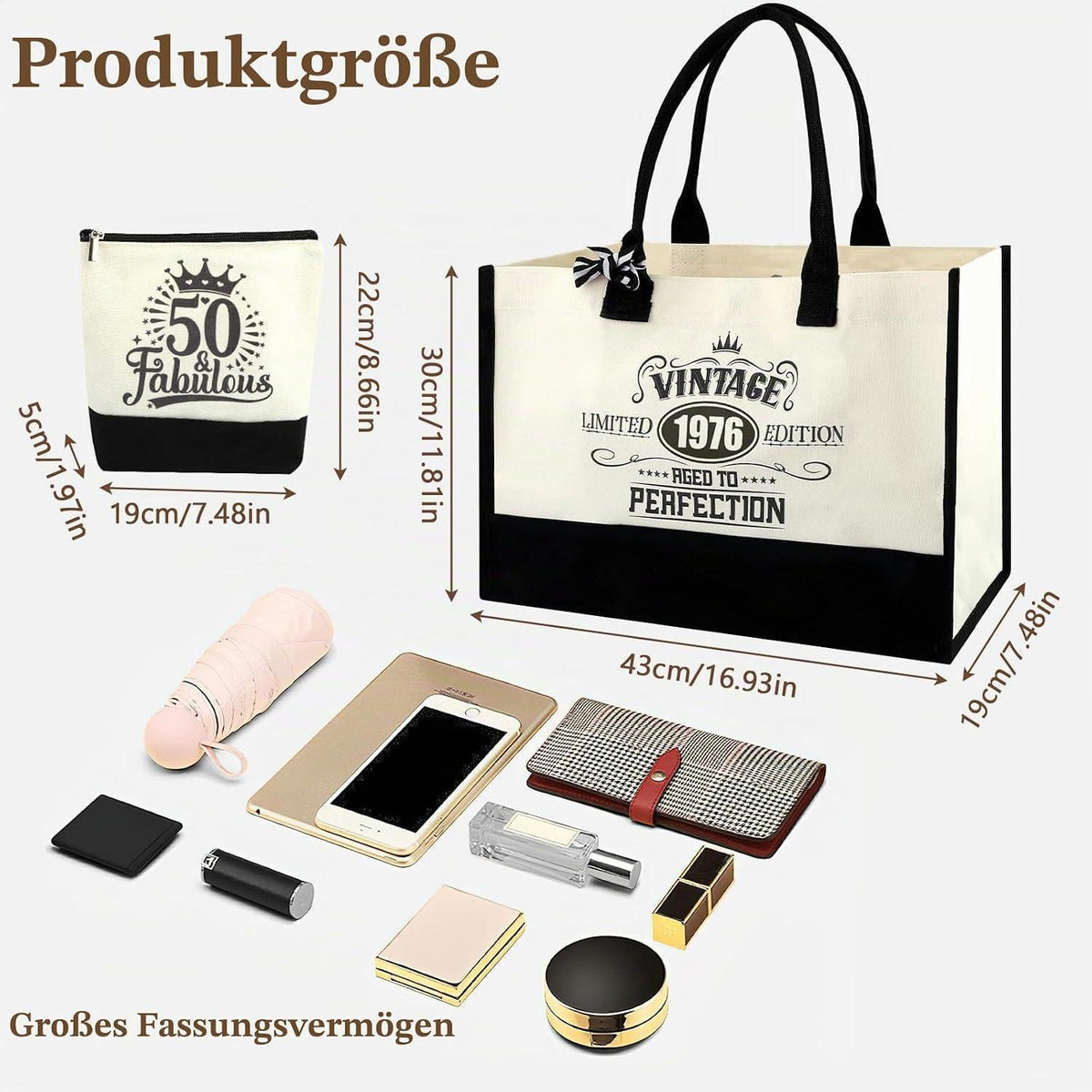 50. Geburtstag Geschenkset Vintage 1976 Canvas Tasche & Kosmetiktasche