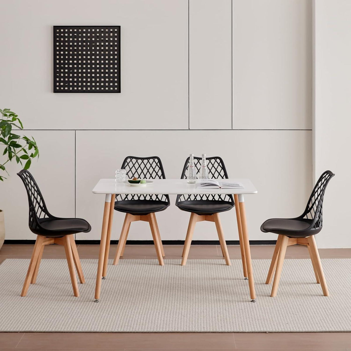 8 Esszimmerstühle mit Netzrückenlehne & Buchenholzbeinen Schwarz