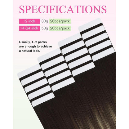 Echthaar Tape Extensions Dunkelbraun Ombre 60 cm