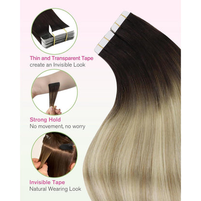 Echthaar Tape Extensions Dunkelbraun Ombre 60 cm