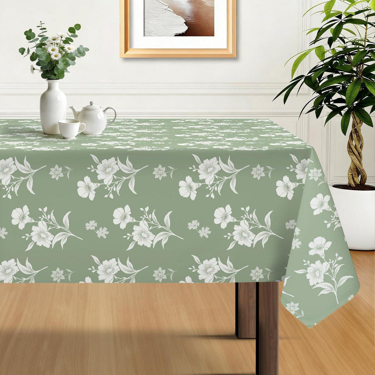 Tischdecke Blumen Garten Salbeigrün 152x264cm Rechteck
