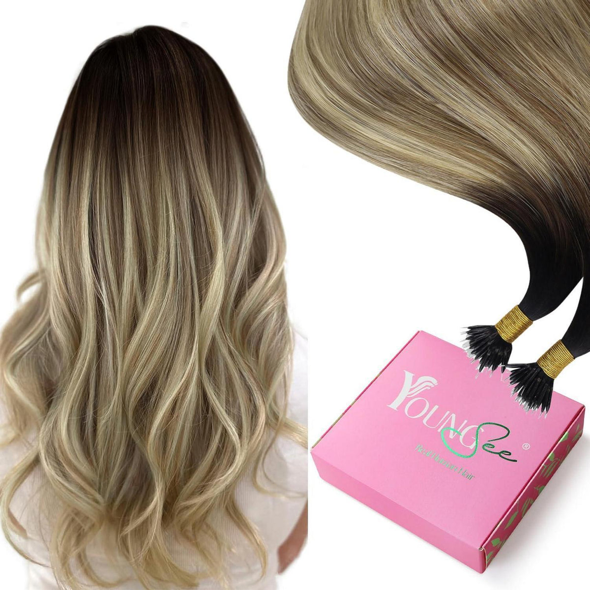 Echthaar Nano Ring Extensions Dunkelbraun Balayage 50cm