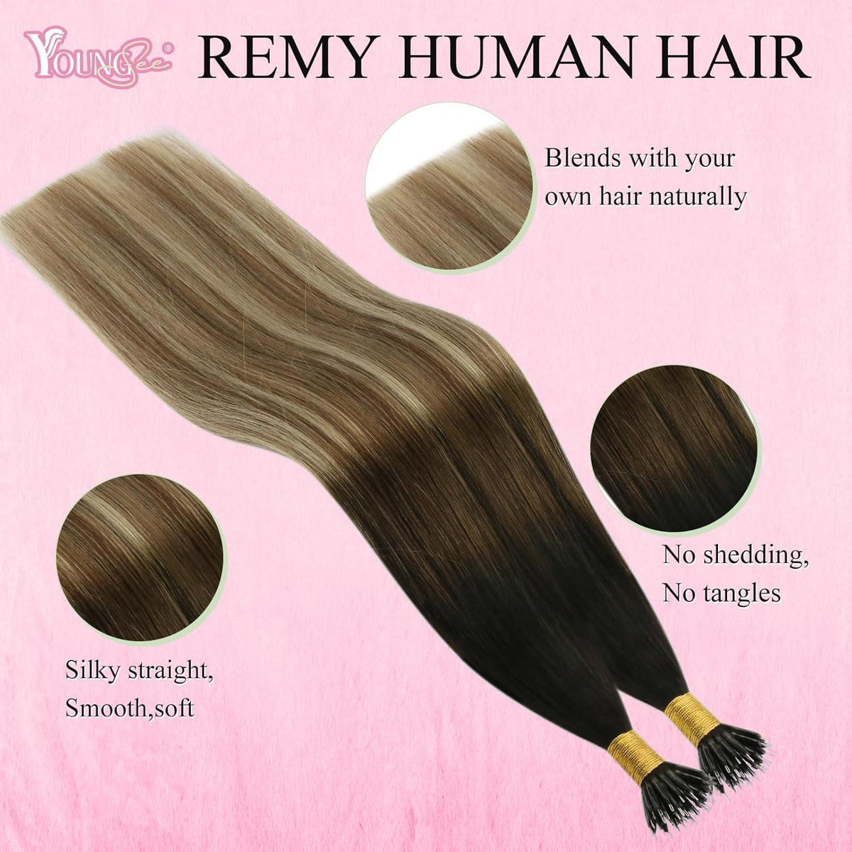 Echthaar Nano Ring Extensions Dunkelbraun Balayage 50cm