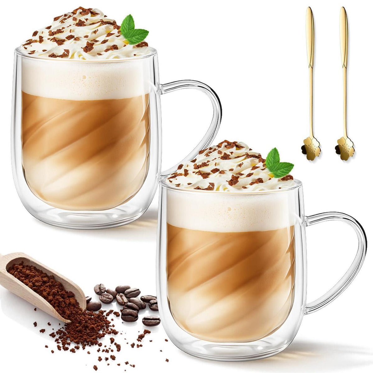 4er Set Doppelwandige Kaffeegläser mit Löffeln – 350ml