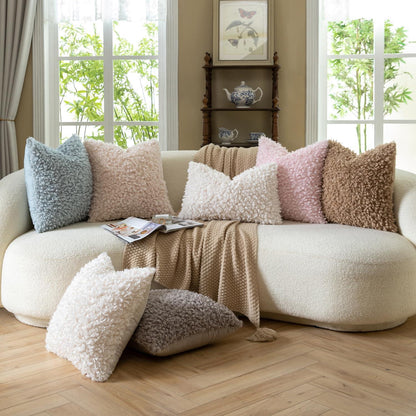 2er Set Kissenbezüge 45x45 cm Cremegelb Faux Pelz Bouclé Sherpa