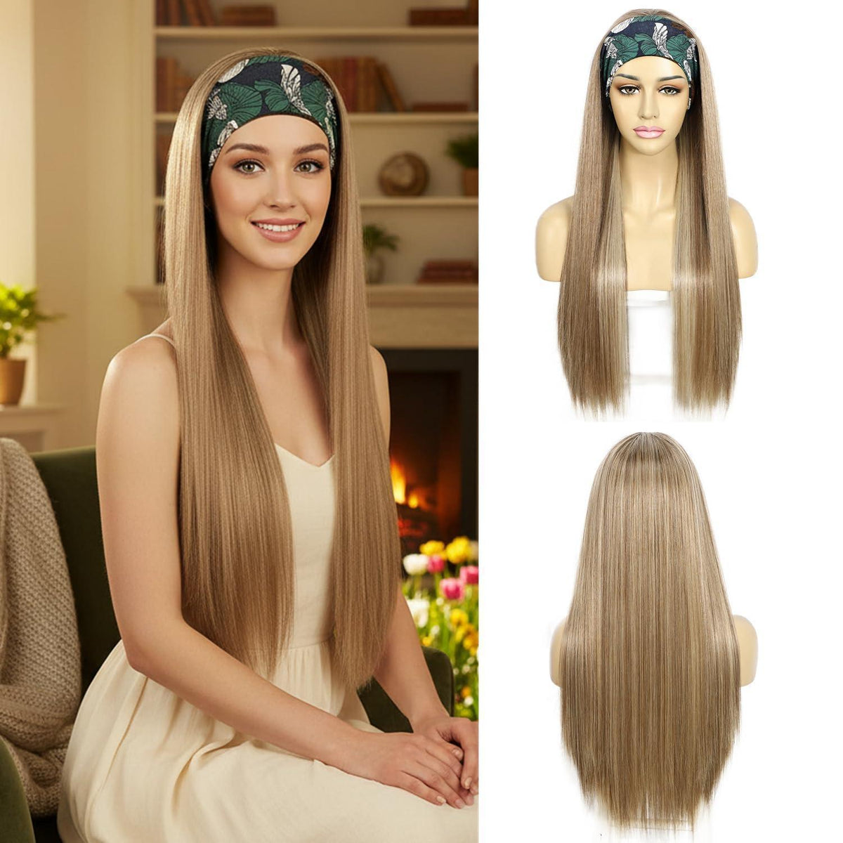 Stirnband Perücke glattes Haar Blond Highlights Synthetisch 26 Zoll