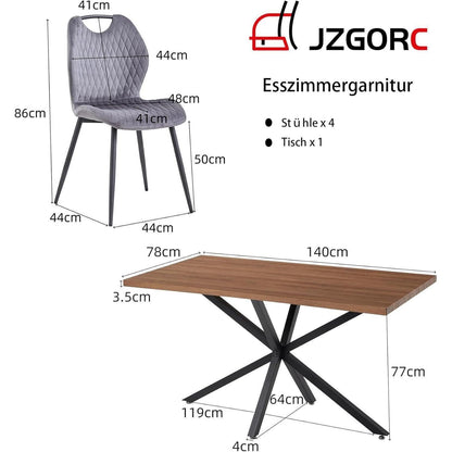 Esstisch Set 140x78cm Holz & Grau Stühle – Modernes Esszimmer