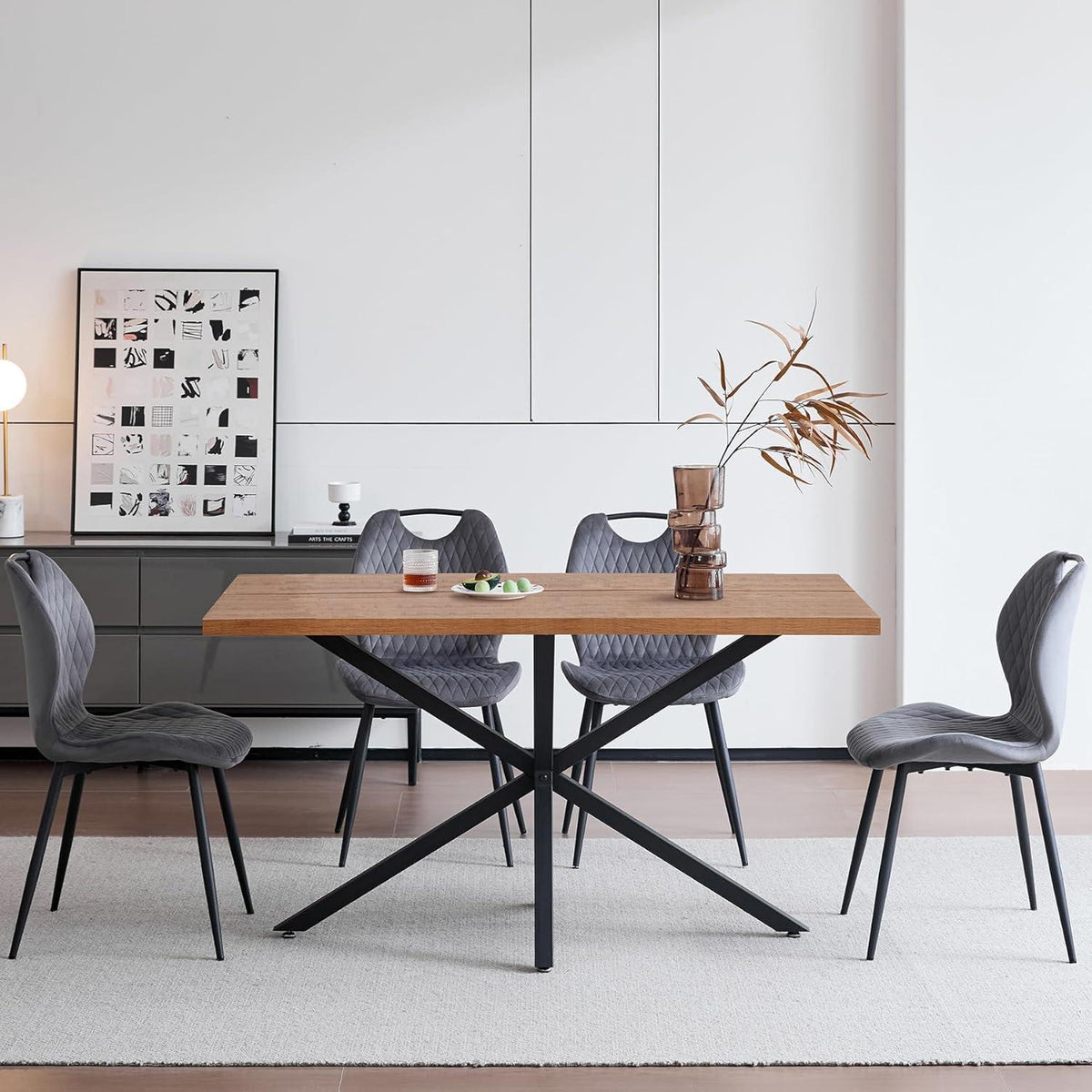 Esstisch Set 140x78cm Holz & Grau Stühle – Modernes Esszimmer