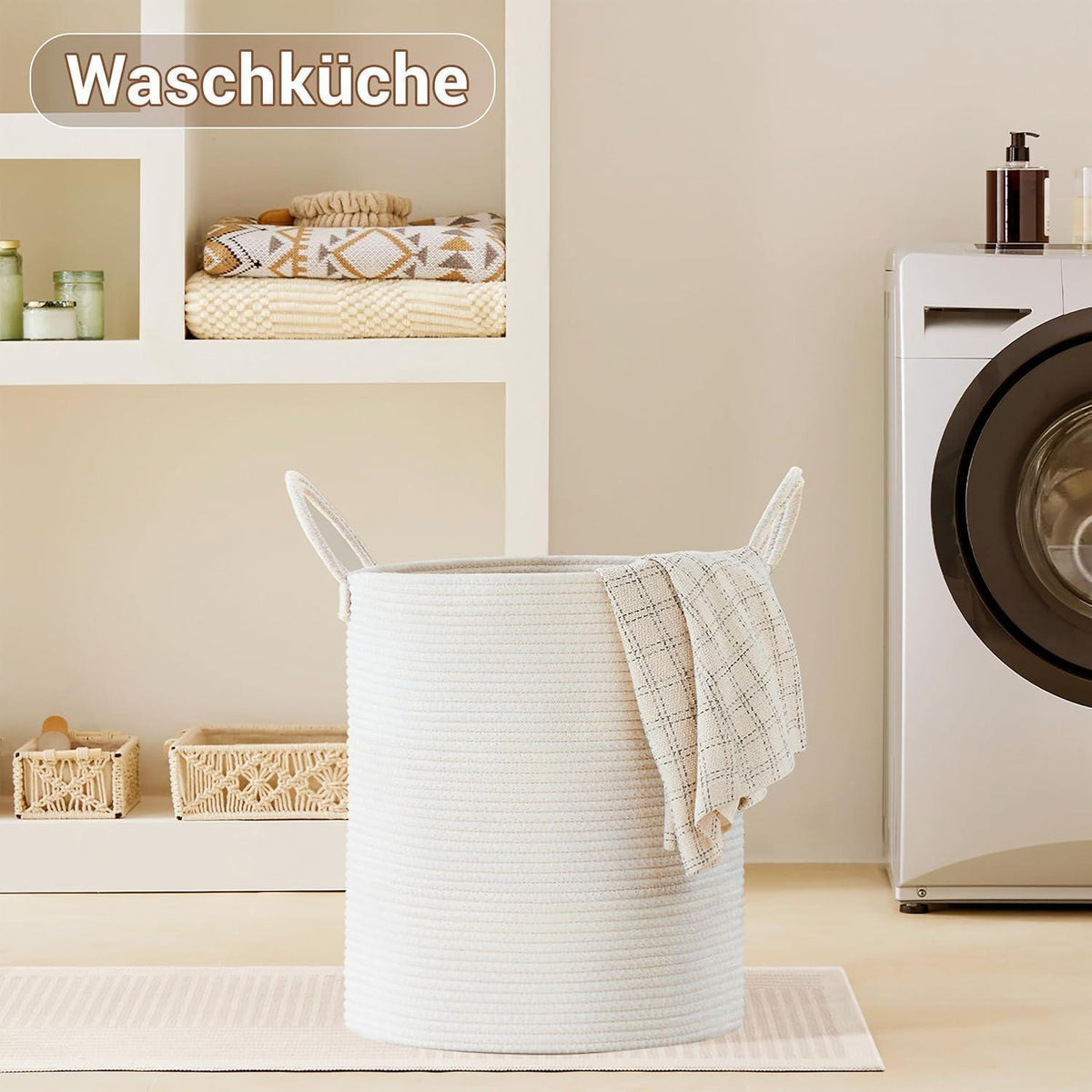 Großer Geflochtener Wäschekorb 88L mit Baumwollhenkeln