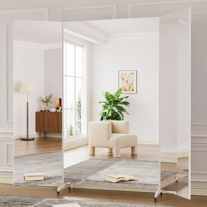 3-Fach Faltbarer Ganzkörperspiegel 240x210cm – Weiß, Standspiegel mit Rollen