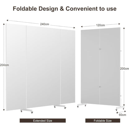 3-Fach Faltbarer Ganzkörperspiegel 240x210cm – Weiß, Standspiegel mit Rollen