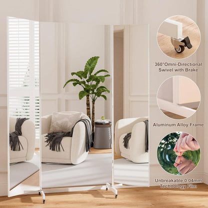3-Fach Faltbarer Ganzkörperspiegel 240x210cm – Weiß, Standspiegel mit Rollen