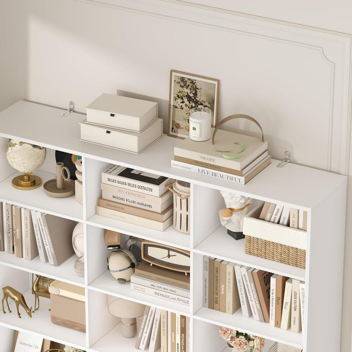Bücherregal 209 cm mit Türen | Hochschrank 15 Fächer | Weiß