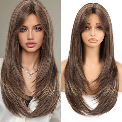 Dunkelbraune lange Perücke – 24 Zoll, gerade, gestuft