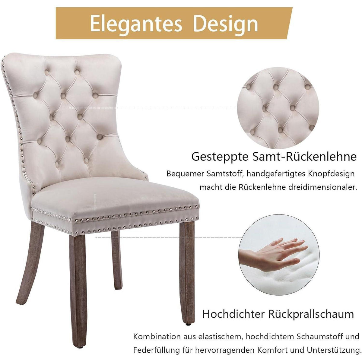 Gepolsterte Esszimmerstühle 2er-Set, Beige, Massivholzbeine