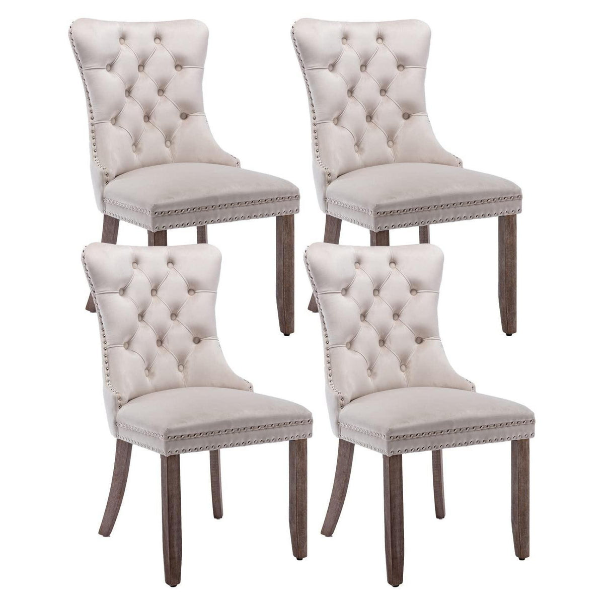Samt Esszimmerstühle 4er Set mit Massivholzbeinen, Beige