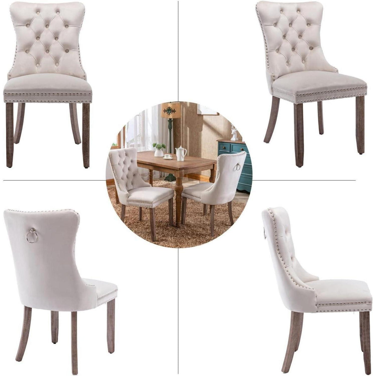 Samt Esszimmerstühle 4er Set mit Massivholzbeinen, Beige