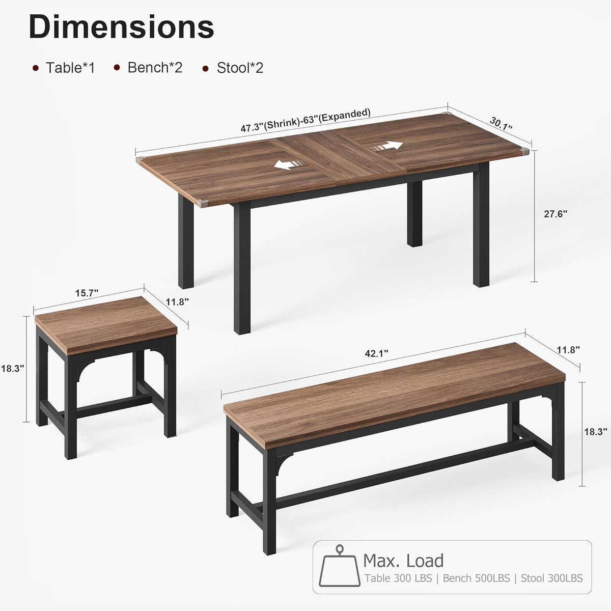 Ausziehbarer Esstisch Set mit Bänken | Industrial Dining Gruppe Walnuss