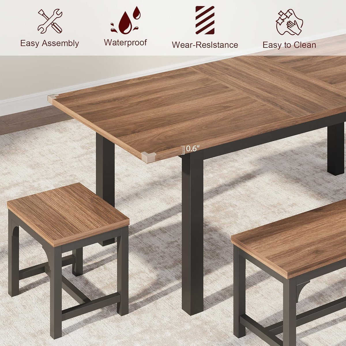 Ausziehbarer Esstisch Set mit Bänken | Industrial Dining Gruppe Walnuss