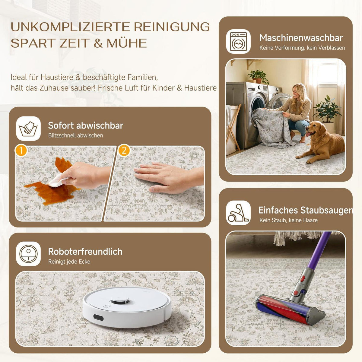 Creme Teppich Wohnzimmer 160x230cm – Waschbar & Rutschfest